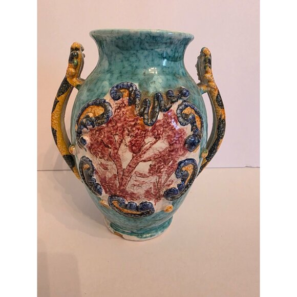 Vintage Handcrafted Ceramic Vase With Dragon Handles & Textured Design Italy - Picture 1 of 9